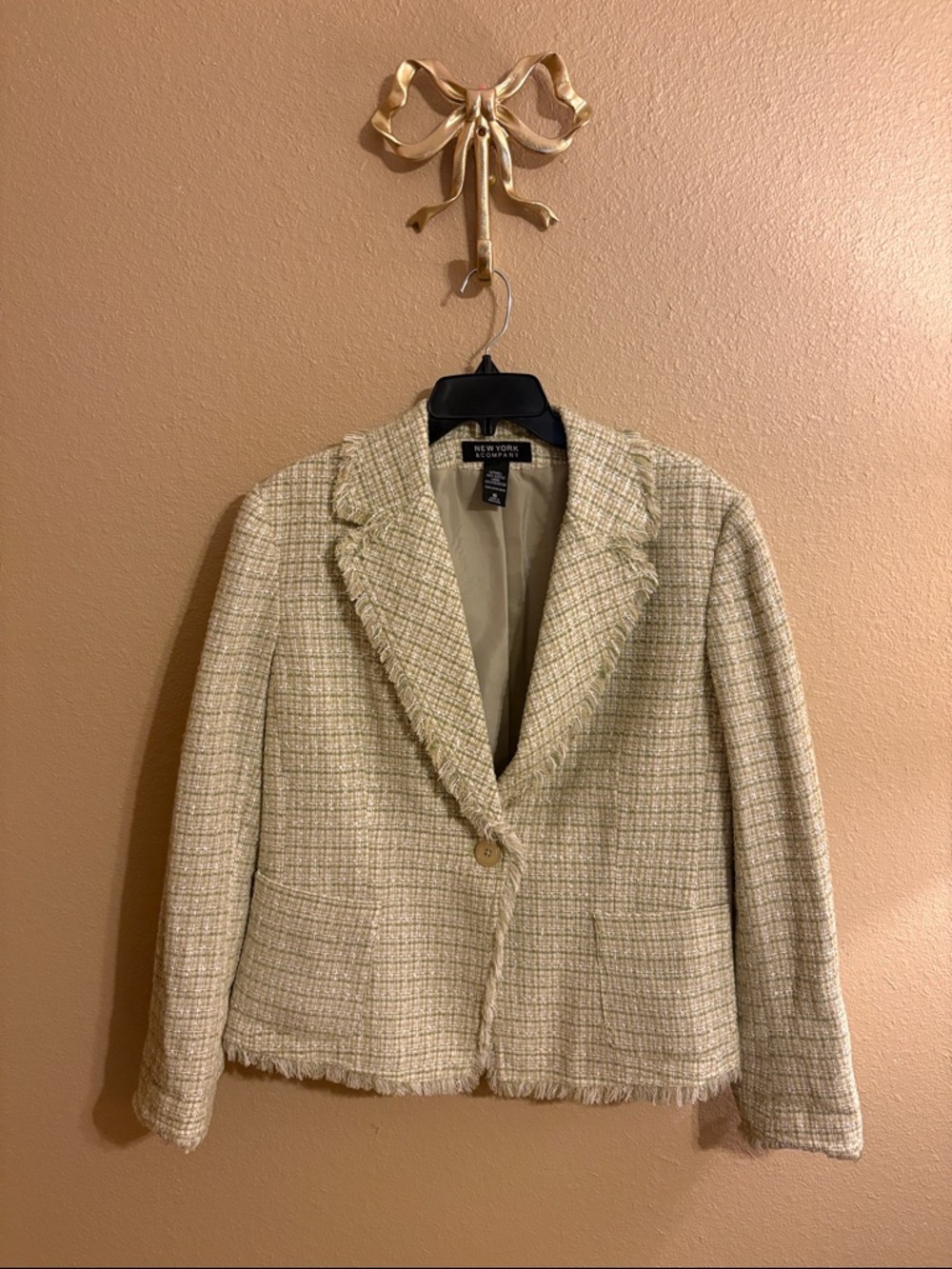 New York & Company Cream Tweed Single-Button Frayed Blazer
